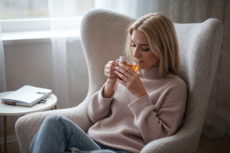 Young woman sitting in a cozy armchair, enjoying a cup of tea while relaxing in a softly lit room, with a notebook and pen resting on a side table, creating a peaceful and reflective moment.