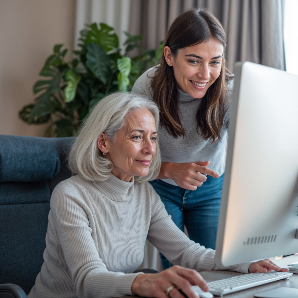 An older woman with gray hair sits at a desk using a desktop computer, while a younger woman stands beside her, smiling and pointing at the screen. The older woman appears focused on the computer, while the younger woman offers guidance and support. Both are dressed casually in sweaters, creating a warm and friendly atmosphere. Behind them, a large green plant adds a touch of nature to the room, and soft natural light filters through a nearby window, contributing to the cozy, collaborative setting.