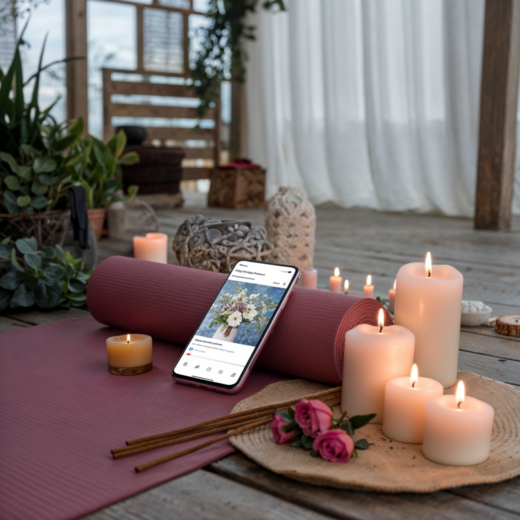 Yoga mat and candles arranged in a relaxing setting with a smartphone displaying a wedding bouquet photo, symbolizing wedding planning and relaxation. Surrounded by plants, incense sticks, and roses, creating a serene atmosphere.