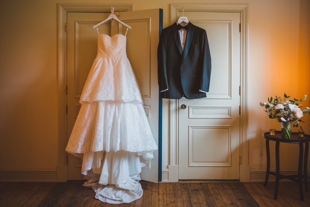 Elegant wedding dress and tuxedo hanging side-by-side on wooden doors, ready for the big day.