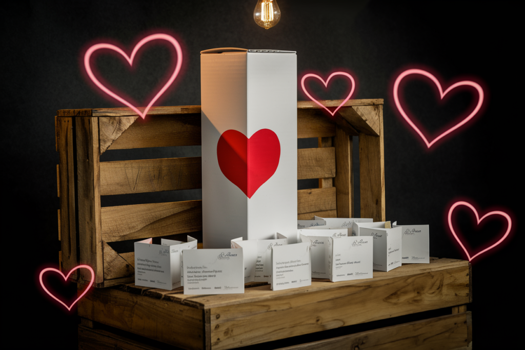 Romantic heart-themed wedding wine box display, featuring folded wedding invitations arranged creatively.