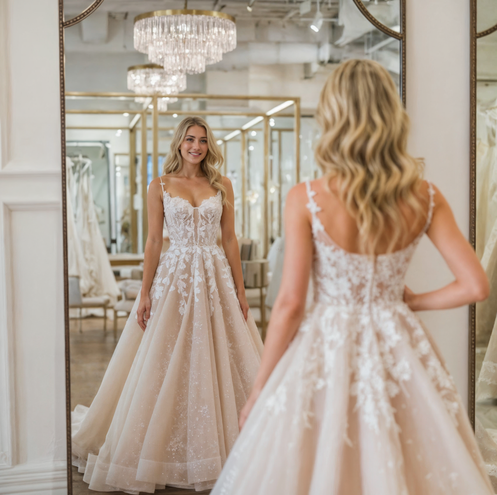 A bride-to-be smiles while admiring her reflection in a luxurious bridal boutique, wearing a stunning lace wedding gown with intricate floral details under elegant chandeliers