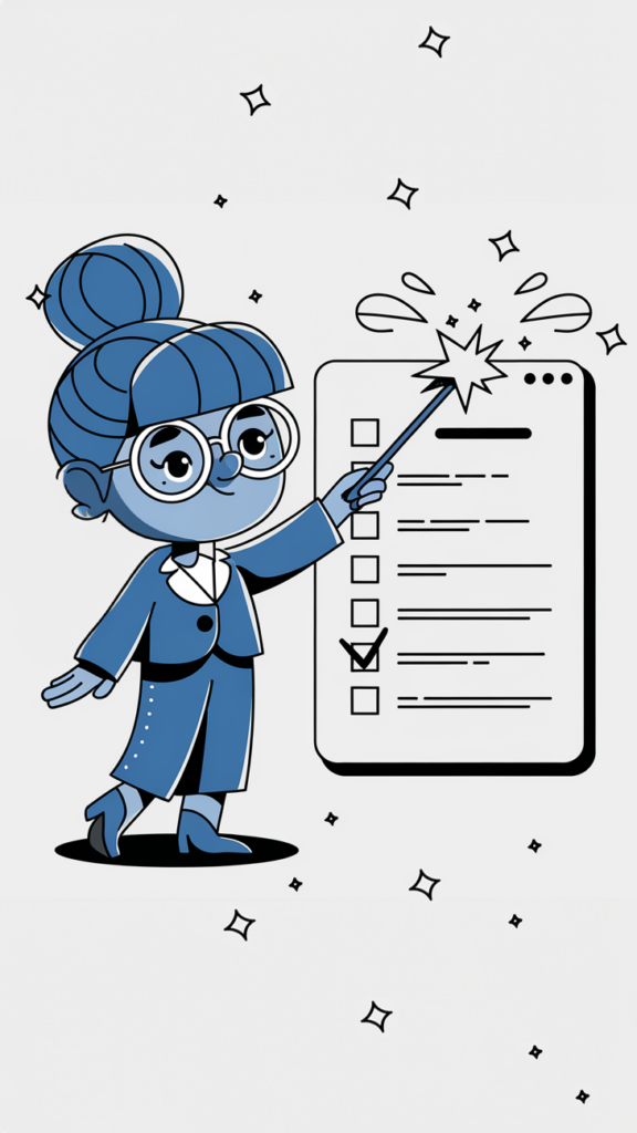 Illustration of Madge, the blue fairy wedding mascot, holding a wand and pointing to a completed checklist, symbolizing the organized and magical approach to wedding planning.