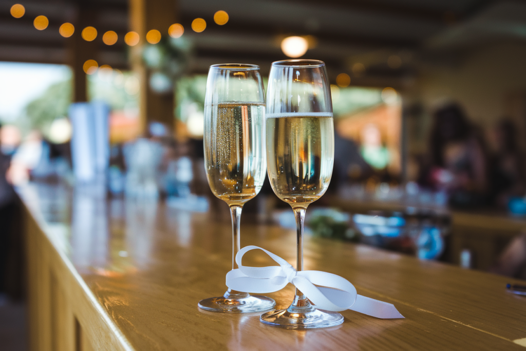 Two champagne flutes tied with a white ribbon on a wooden bar, representing a celebratory toast at a wedding reception