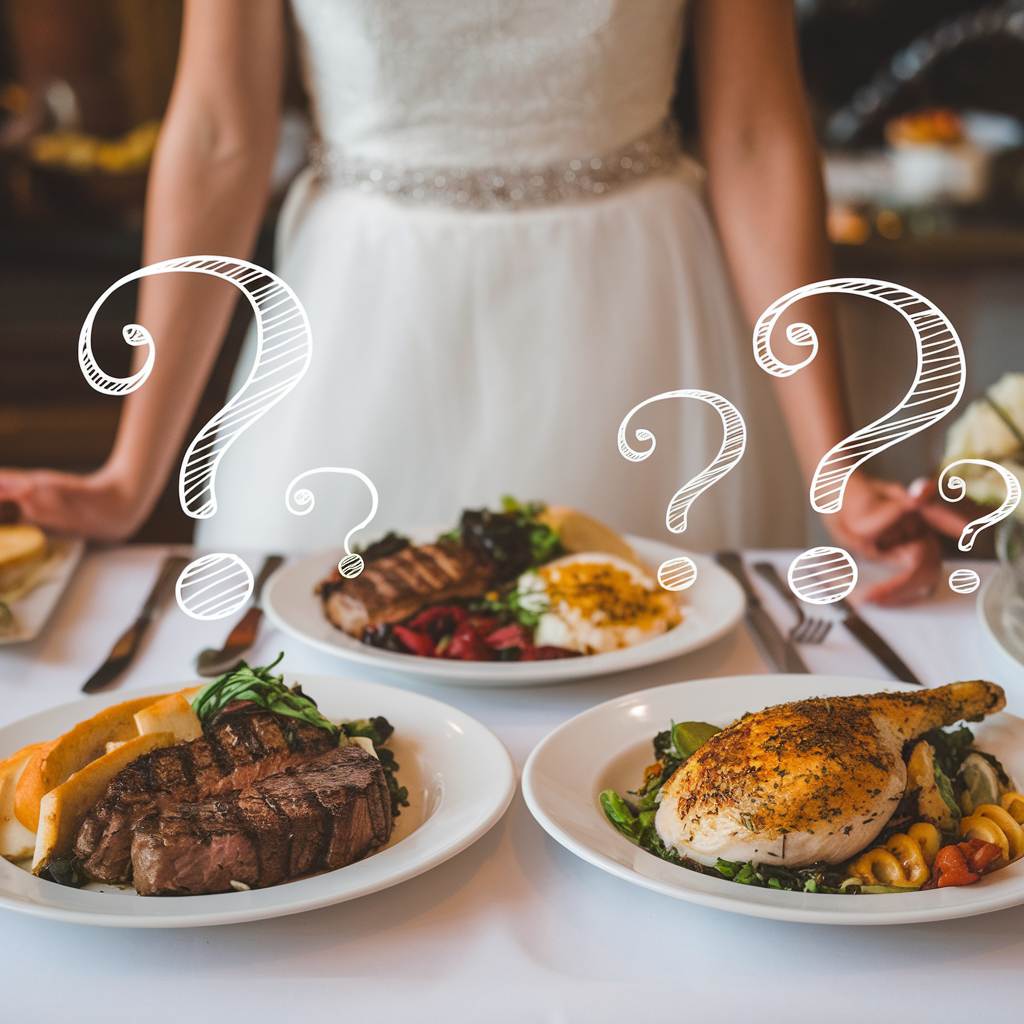 Bride standing before three plated entrees with illustrated question marks, capturing the decision-making process of selecting wedding reception meals.