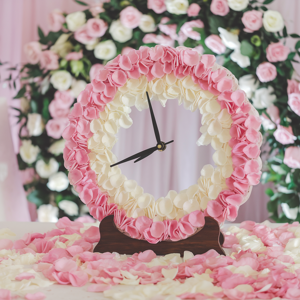 Whimsical clock made of pink and white flower petals, adding a touch of romance to the wedding décor.