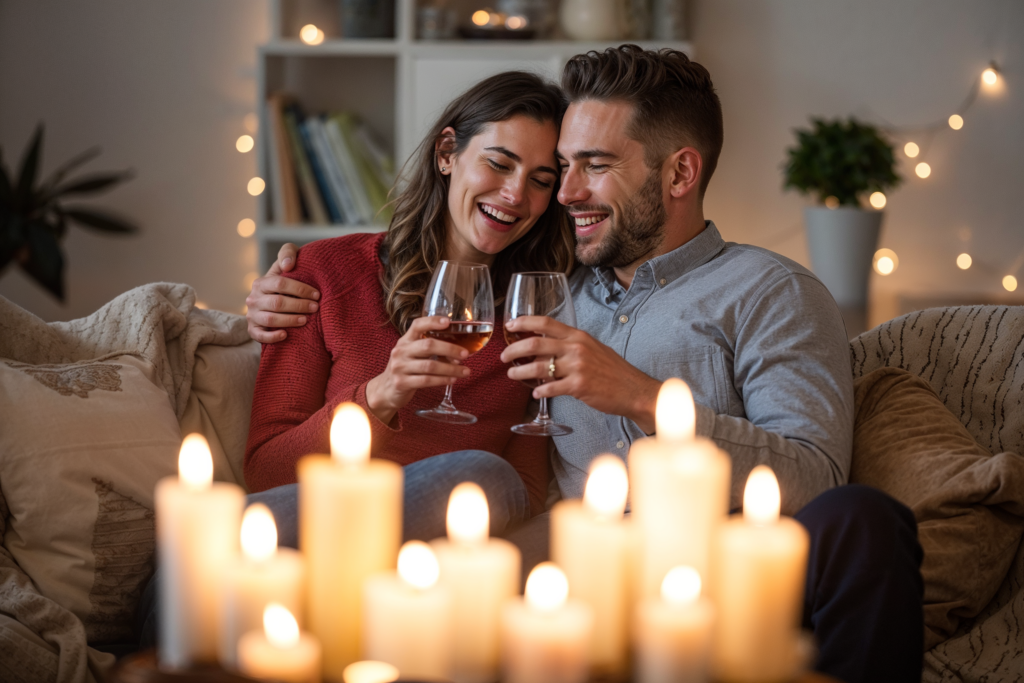 A couple sitting close together on a cozy sofa, smiling and holding glasses of wine. In the foreground, a cluster of glowing candles creates a romantic and warm atmosphere, with fairy lights in the background.