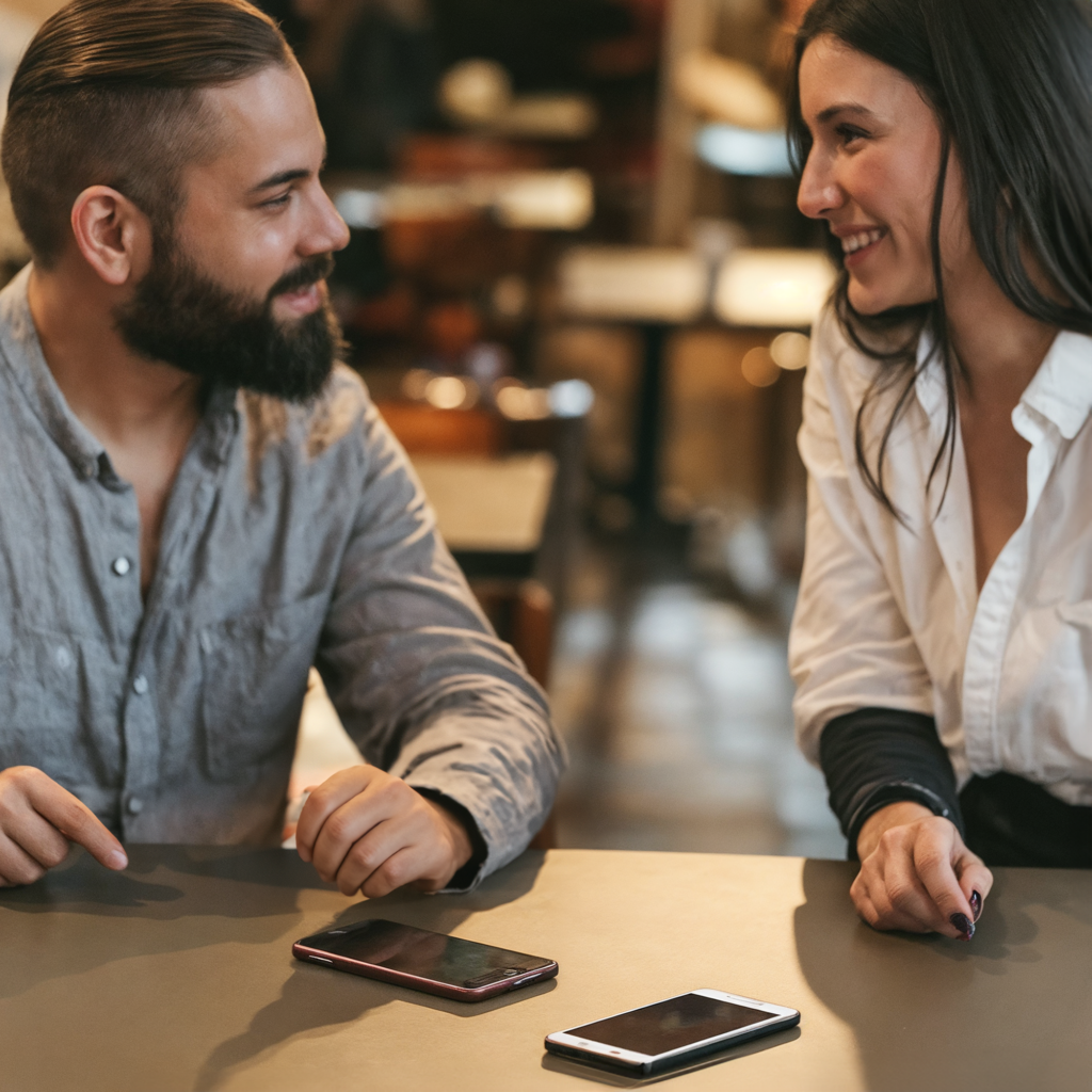 A casual scene featuring a bearded man in a gray button-up shirt and a woman in a white blouse smiling at each other as they sit at a table in a cozy café. Both have their smartphones placed on the table in front of them. The warm lighting and blurred background create an intimate, relaxed atmosphere.