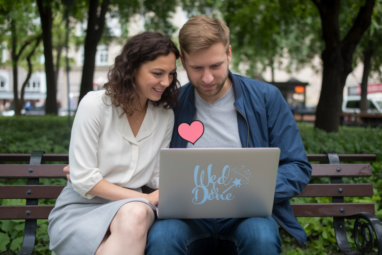 A happy couple sitting on a park bench, smiling and looking at a laptop screen. The laptop features a "Wed&Done" logo, indicating they are exploring wedding planning tools or services. A small pink heart icon hovers between them, symbolizing love and connection. Trees and greenery provide a peaceful outdoor background.