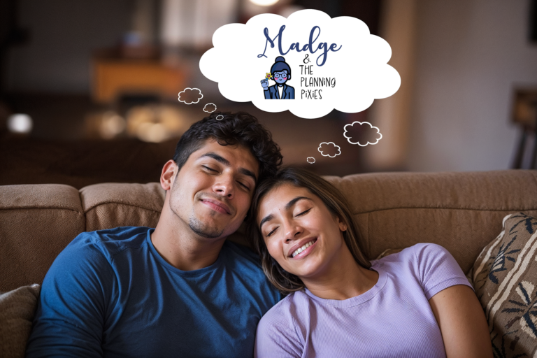 A couple smiling and relaxing on a couch, eyes closed, with a thought bubble above them containing an illustration of 'Madge & the Planning Pixies' character, symbolizing thoughts of wedding planning help.