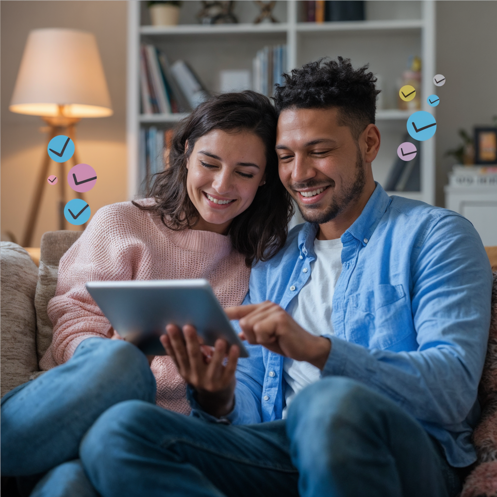 Smiling couple using a tablet at home, with floating colorful checkmarks around them, representing stress-free and collaborative wedding planning through digital tools