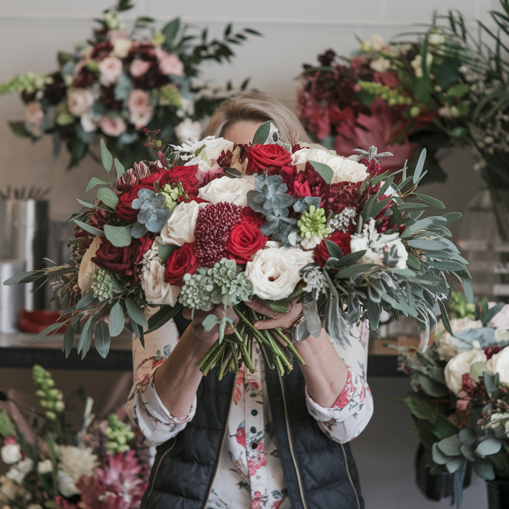 Florist holding an oversized bouquet of red, white, and green flowers, hiding her face behind the floral arrangement, showcasing beautiful wedding floral designs."