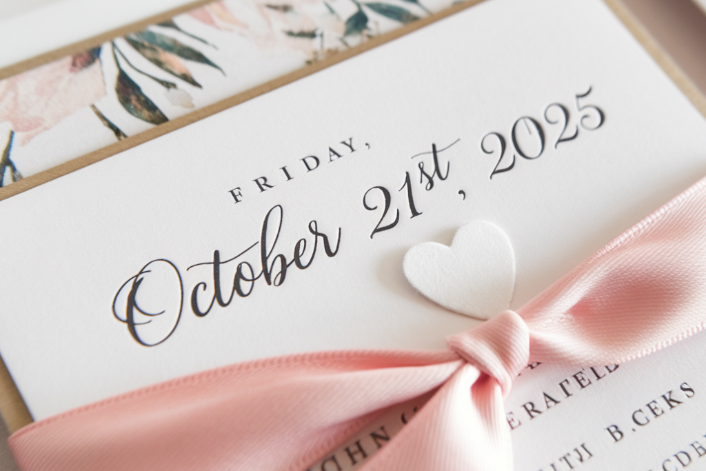 Close-up of a wedding invitation for Friday, October 21, 2025, with pink ribbon and elegant script, perfect for wedding stationery ideas.