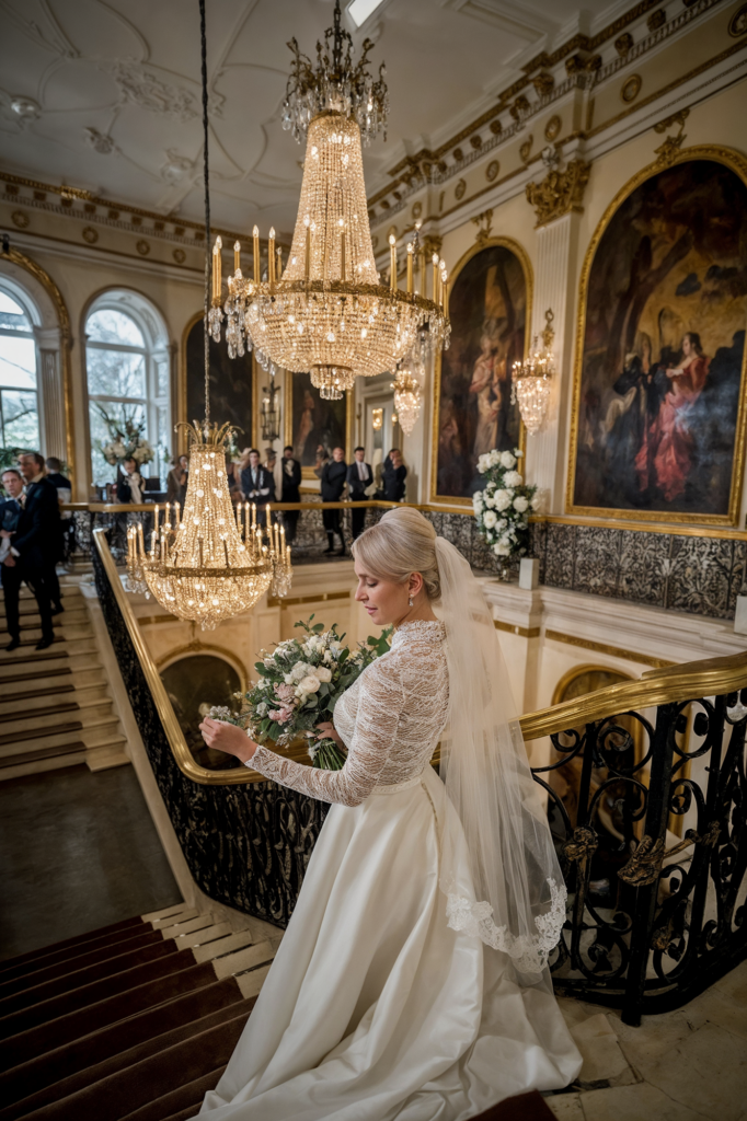 Bride pauses on a grand staircase, holding a bouquet, surrounded by lavish chandeliers and elegant decor in a luxury wedding venue.