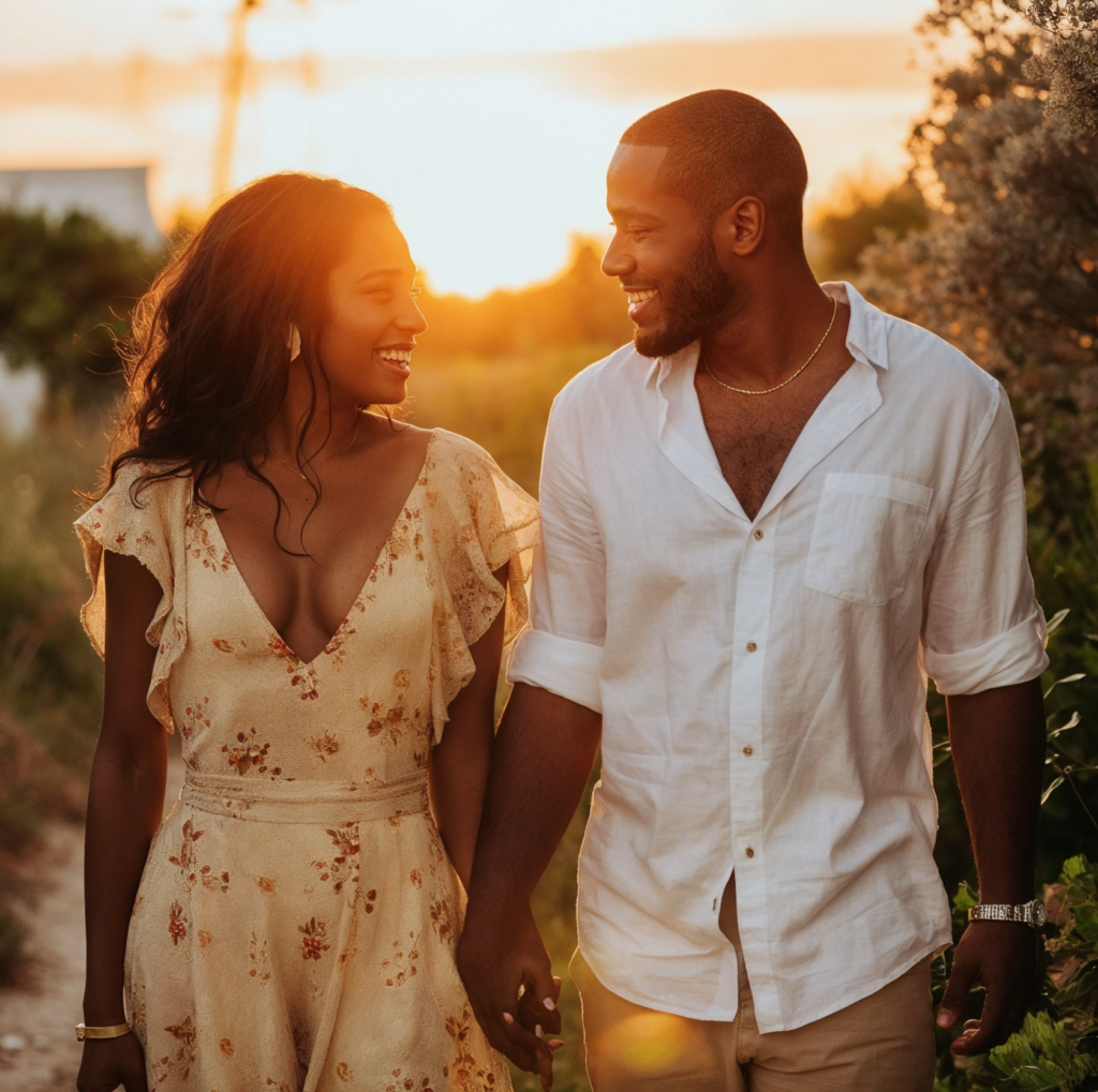 A joyful couple walking hand in hand outdoors during a golden sunset. The woman is wearing a light yellow floral dress with ruffled sleeves, while the man is dressed in a casual white button-down shirt with the sleeves rolled up. They are smiling warmly at each other, exuding a sense of happiness and connection. The sunlight casts a soft, warm glow on their faces, enhancing the romantic atmosphere. The background features blurred greenery and a soft orange sky, making the couple the focal point of the image.