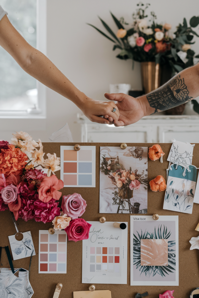 A couple holding hands above a wedding mood board filled with color swatches, floral photos, and wedding design elements. The board is decorated with pink and orange flowers, creating an artistic and romantic aesthetic