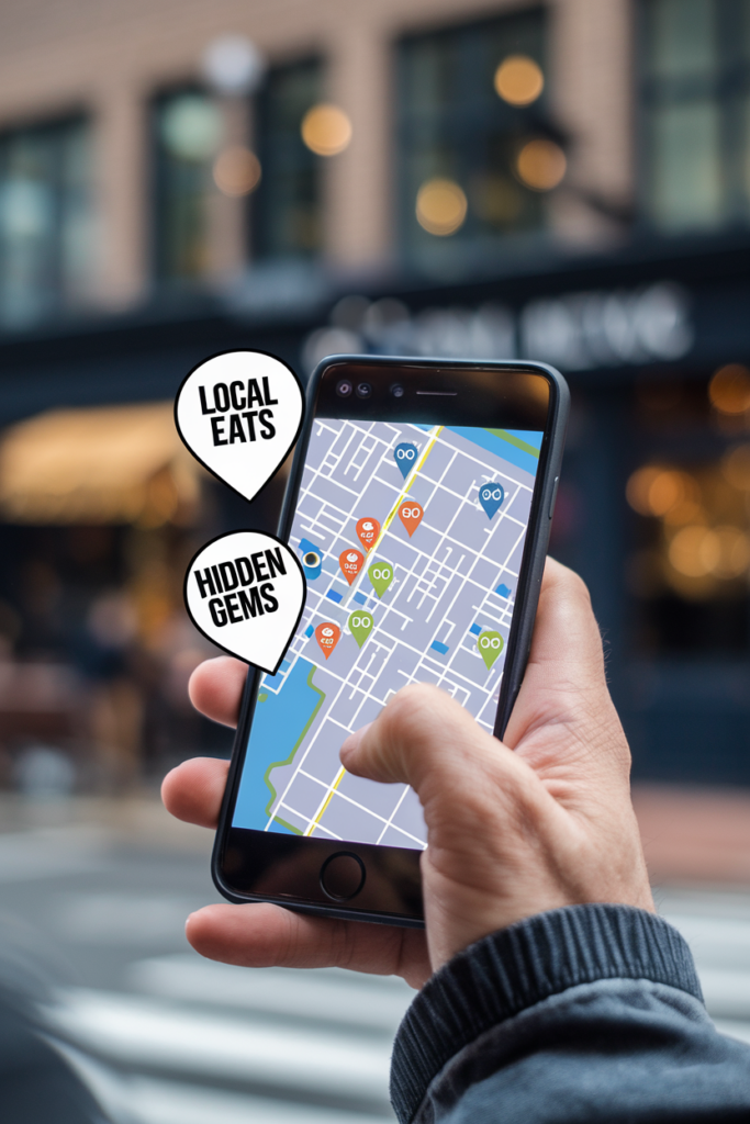 Hand holding a smartphone displaying a local map with markers for 'Local Eats' and 'Hidden Gems,' ideal for couples exploring wedding venues and dining options in the area.