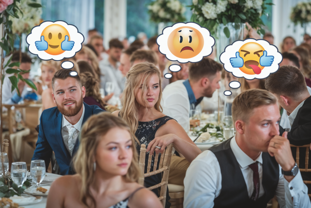 Wedding guests seated at a reception, expressing various emotions with emoji thought bubbles, capturing the diversity of reactions at a wedding event.