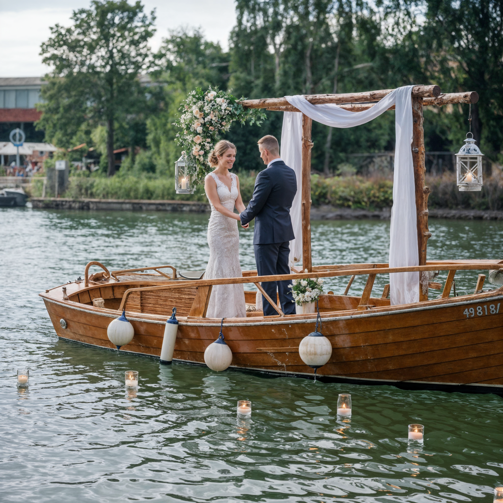 Bride and groom exchange vows on a beautifully decorated boat floating on a tranquil lake, creating a magical waterfront wedding ceremony.