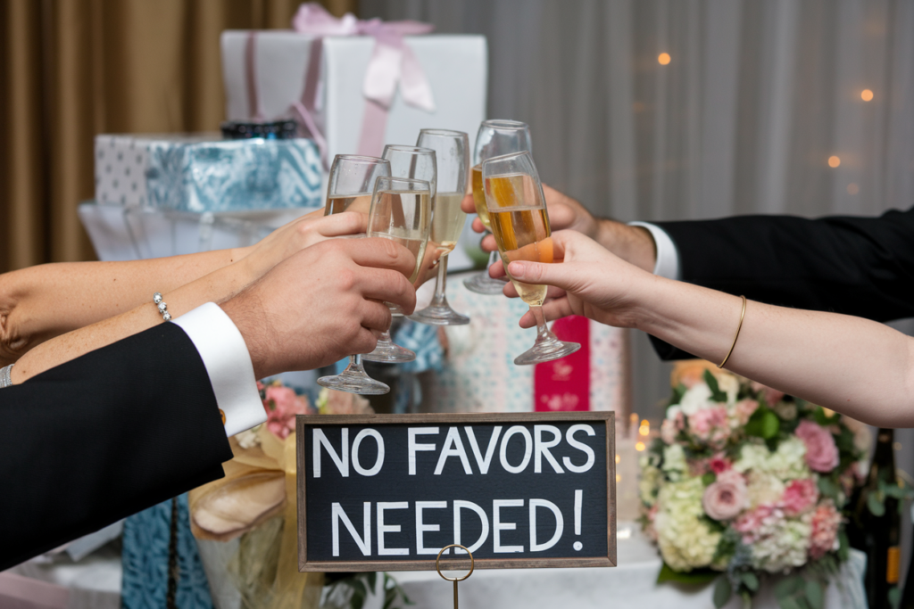 Group of guests raising champagne glasses for a toast at a wedding reception, with a sign reading 'No favors needed,' symbolizing gratitude and simplicity in celebrations.