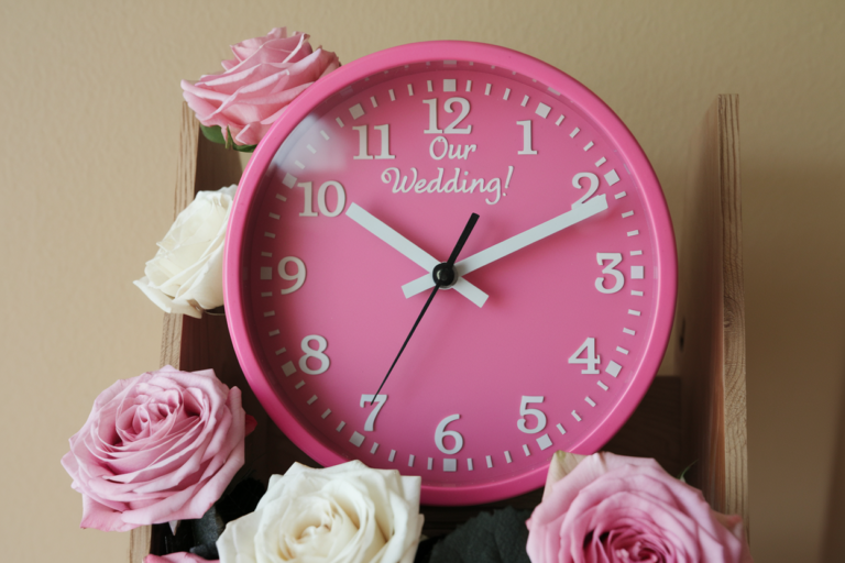 A pink clock reading 'Our Wedding' surrounded by roses, symbolizing the countdown to the perfect wedding day.