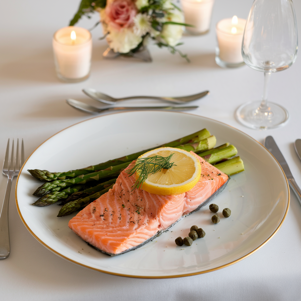 Elegant wedding dinner plate featuring grilled salmon fillet, asparagus, capers, and a slice of lemon, ideal for gourmet wedding catering.