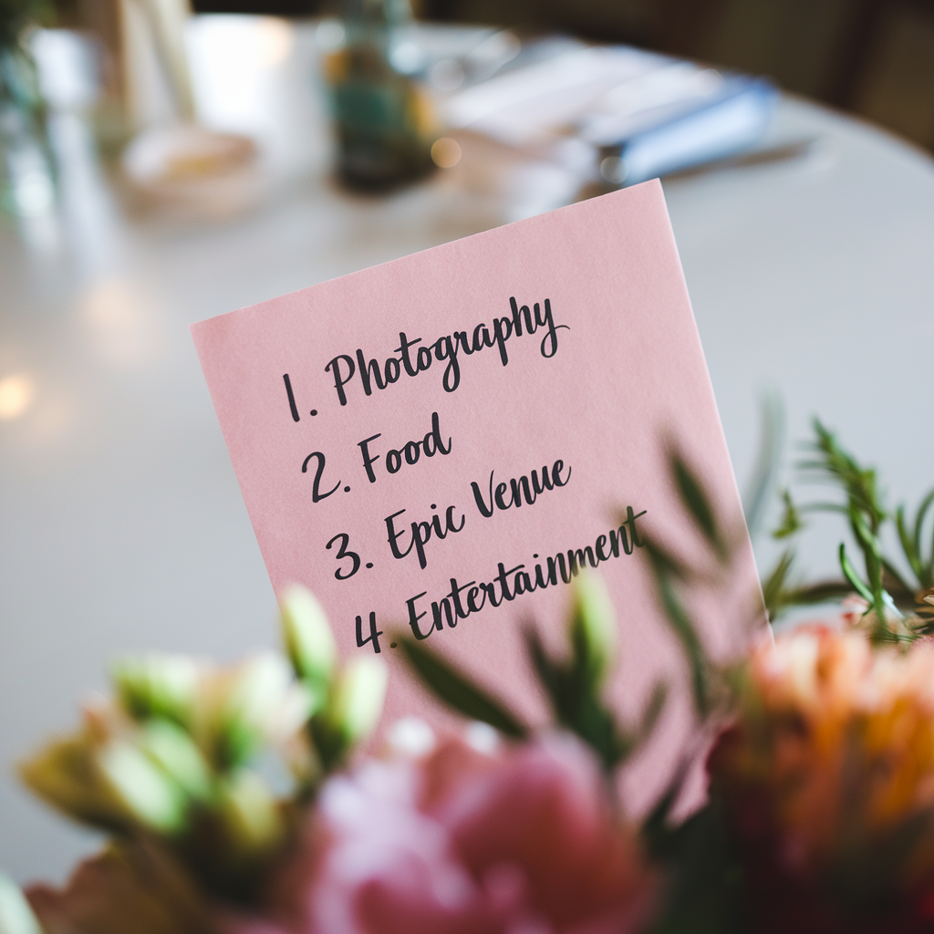 A pink card with a handwritten wedding priority list that reads: 1. Photography, 2. Food, 3. Epic Venue, 4. Entertainment, with blurred flowers and table decor in the background.