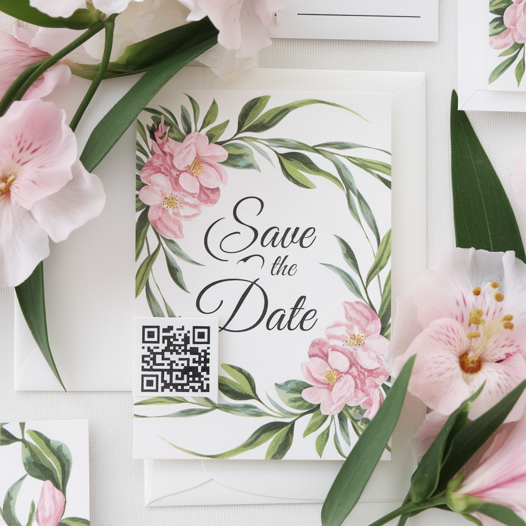 Floral save-the-date wedding card with pink flowers and green leaves, featuring a modern QR code for digital RSVPs or wedding details.