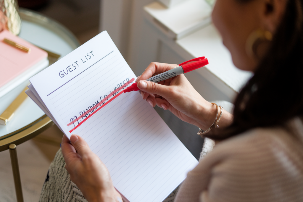 Wedding guest list being crossed out with a red marker, removing '99 random co-worker,' symbolizing a simplified guest list process.