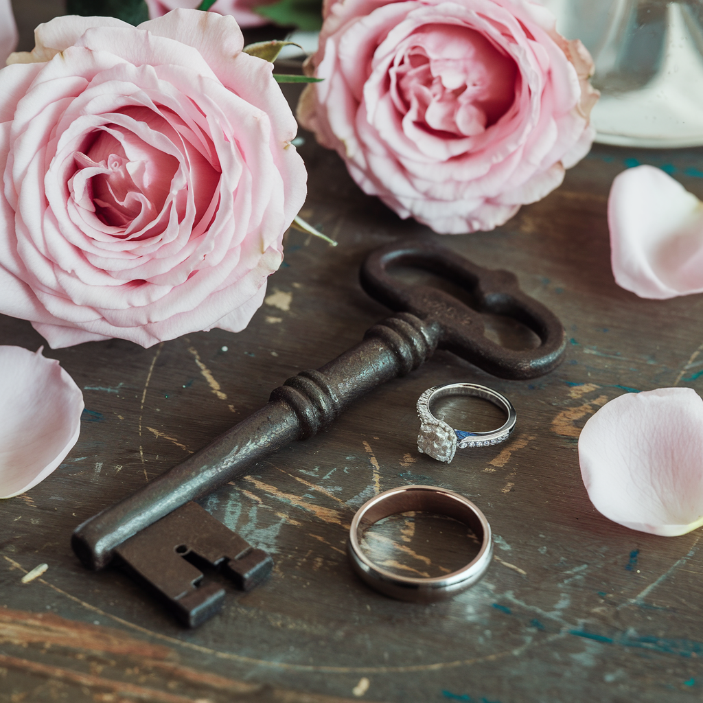 Close-up of wedding rings and a vintage key surrounded by delicate pink roses, symbolizing love and commitment.