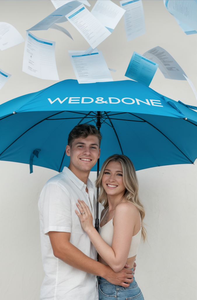 A smiling couple standing close together under a bright blue umbrella that has "Wed&Done" written on it. Sheets of wedding planning documents are flying above them as they embrace.