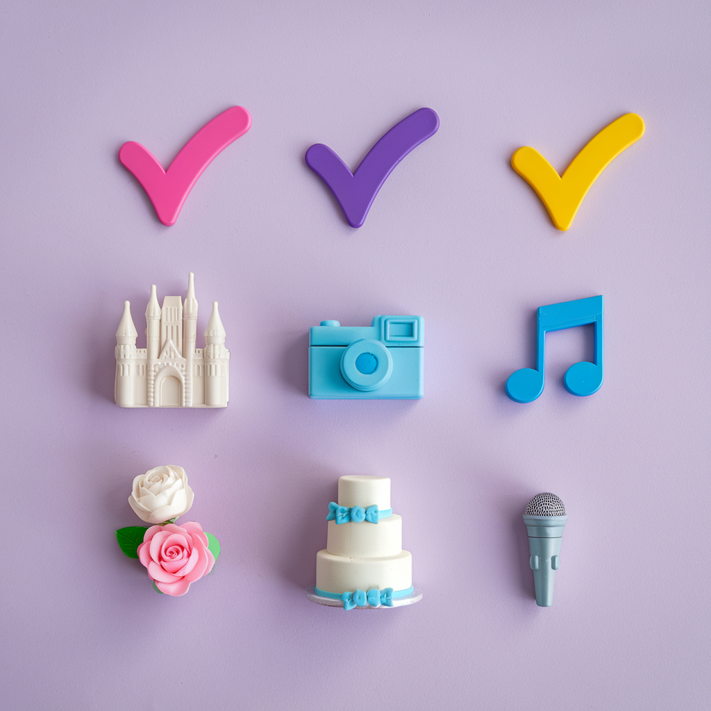 Playful wedding icons with colorful checkmarks, representing venue selection, photography, music, flowers, and cake as part of wedding planning milestones.