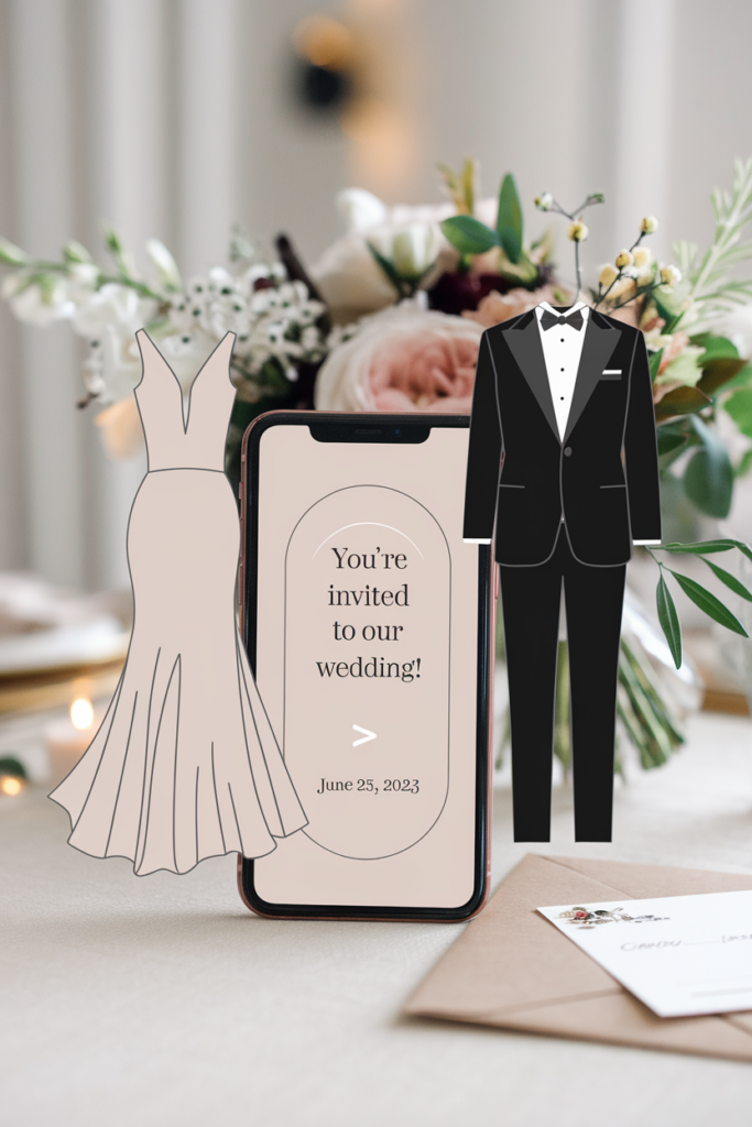 Smartphone invitation with wedding attire icons—dress and tuxedo—inviting guests to a June 25, 2023 wedding, set among elegant floral decorations.