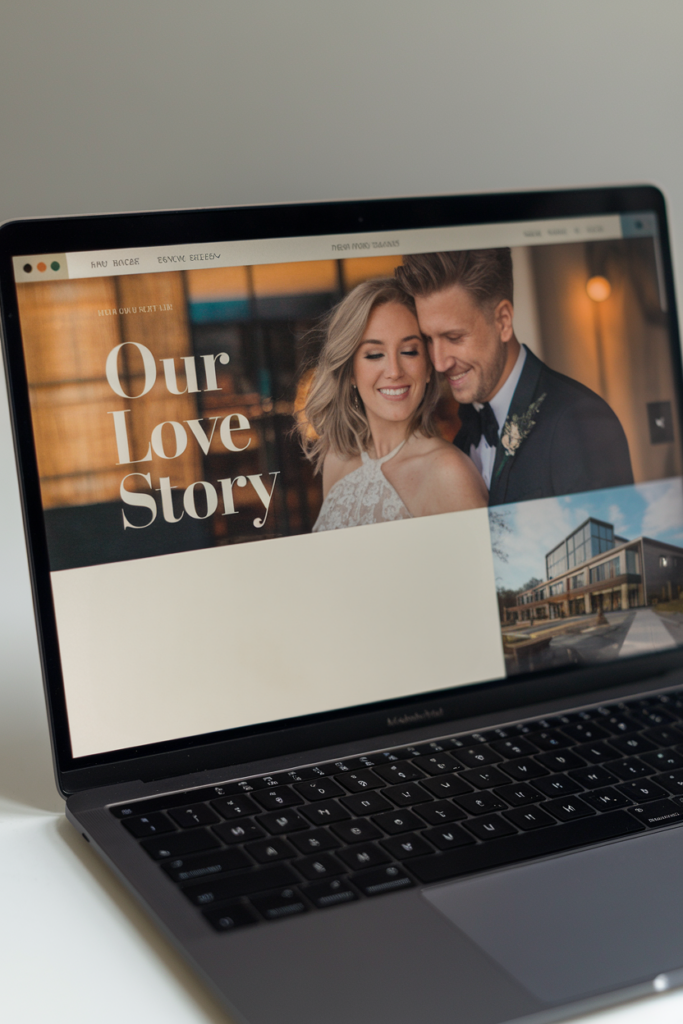 A laptop screen displaying a wedding website homepage titled 'Our Love Story' with a smiling couple dressed in wedding attire, along with a smaller image of a modern wedding venue.