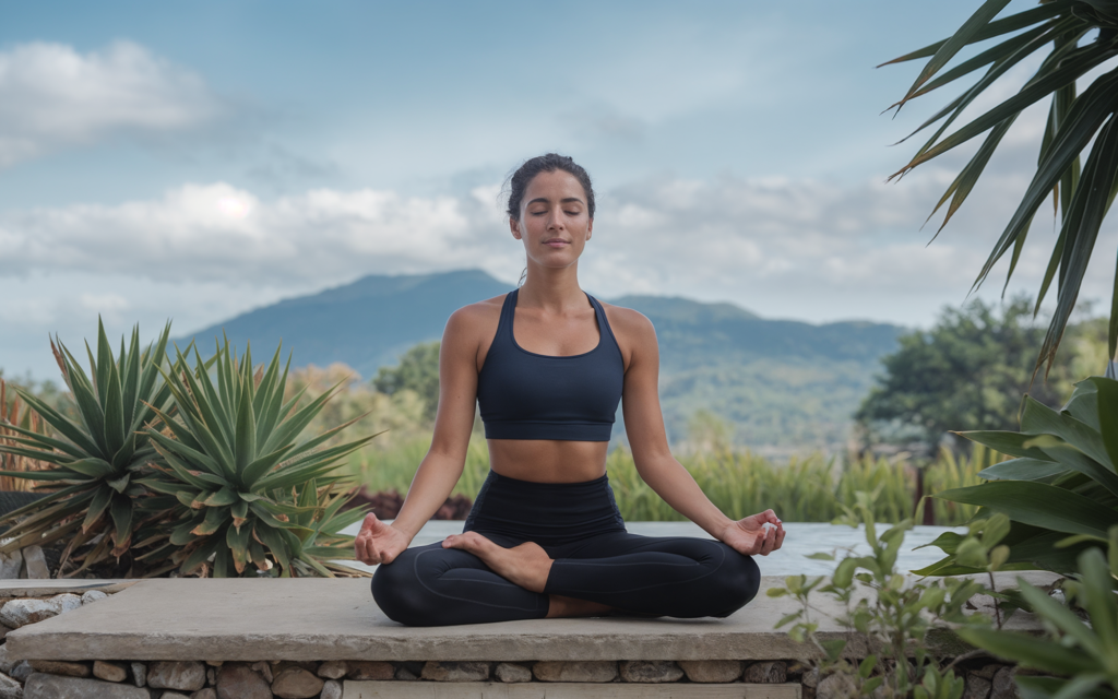 A woman in a peaceful outdoor setting practicing yoga in a seated meditation pose. She is dressed in a dark sports bra and leggings, with a serene mountain landscape and blue sky in the background.