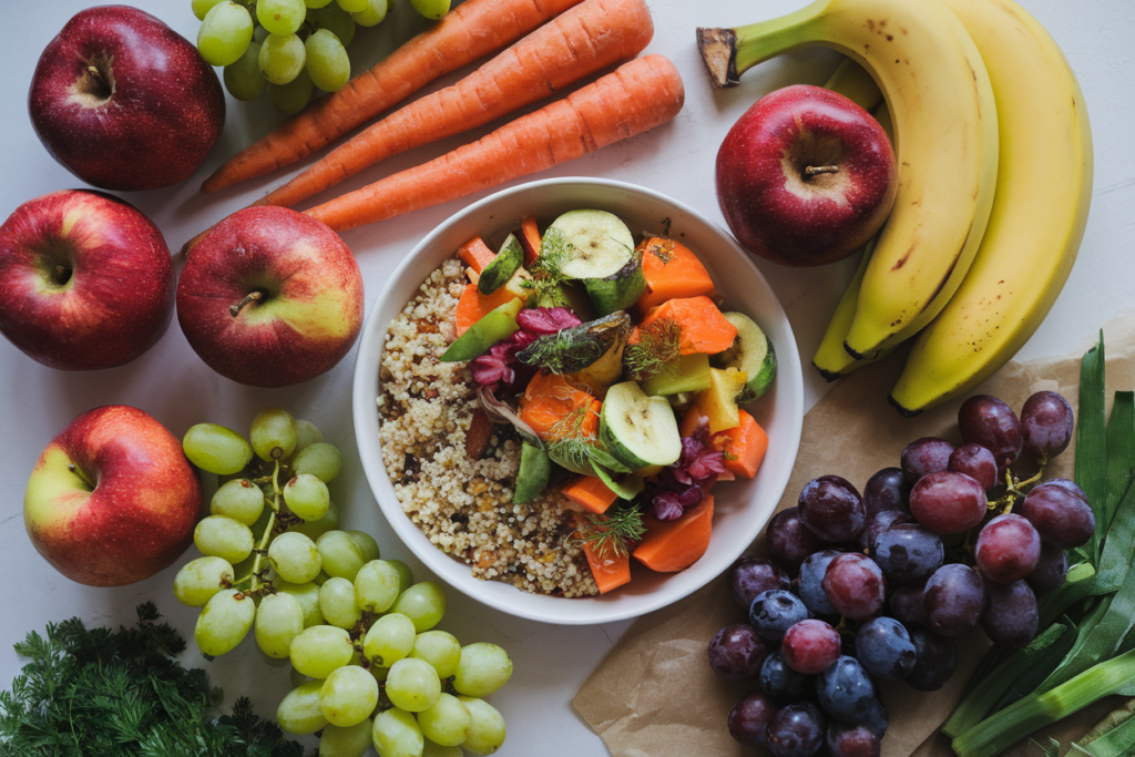 A flat lay of vibrant fruits and vegetables arranged around a quinoa bowl topped with roasted carrots, zucchini, and greens. The fresh produce includes apples, bananas, grapes, carrots, and a variety of other colorful items.