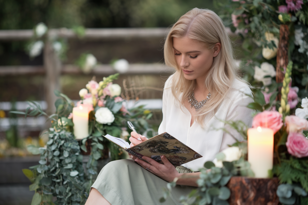 A serene photo of a young blonde woman sitting outdoors, surrounded by lush greenery and floral arrangements. She is dressed elegantly in a white blouse and a statement necklace, focused on writing in a floral-patterned journal. Soft candlelight and blooming flowers create a tranquil and romantic ambiance.