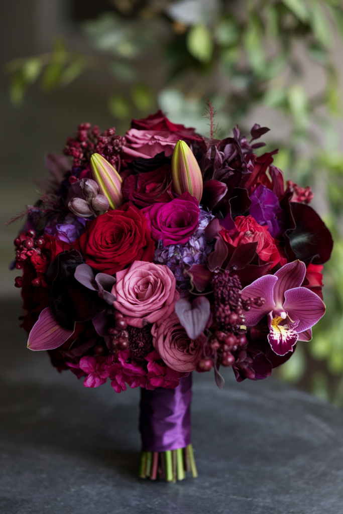 A vibrant bridal bouquet featuring a rich combination of red, pink, and purple flowers, including roses and orchids. The bouquet is elegantly wrapped with a deep purple ribbon, giving it a luxurious feel against a blurred natural background.