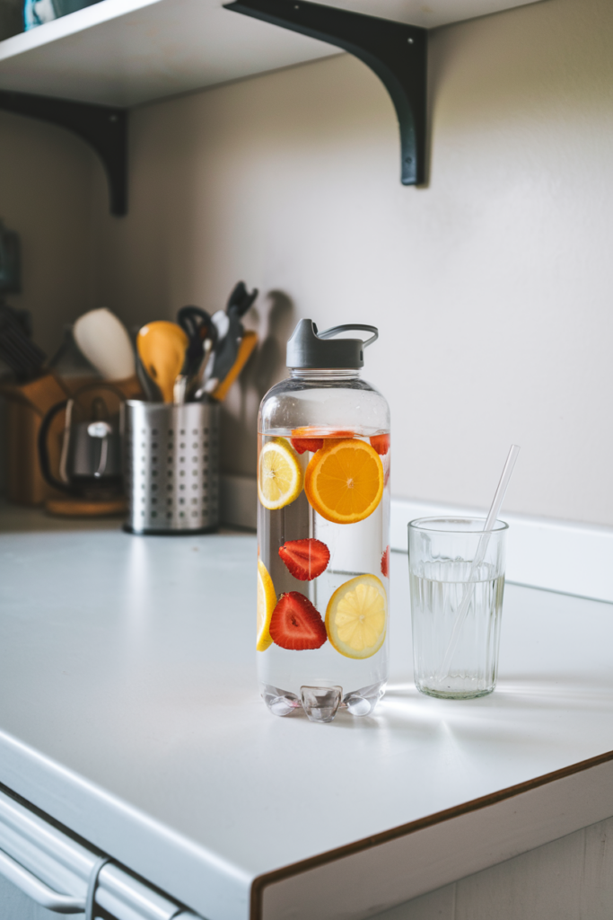 A close-up of a clear water bottle filled with slices of lemon, orange, and strawberries. A glass of water with a straw sits beside the bottle on a white kitchen counter, creating a fresh and healthy visual.