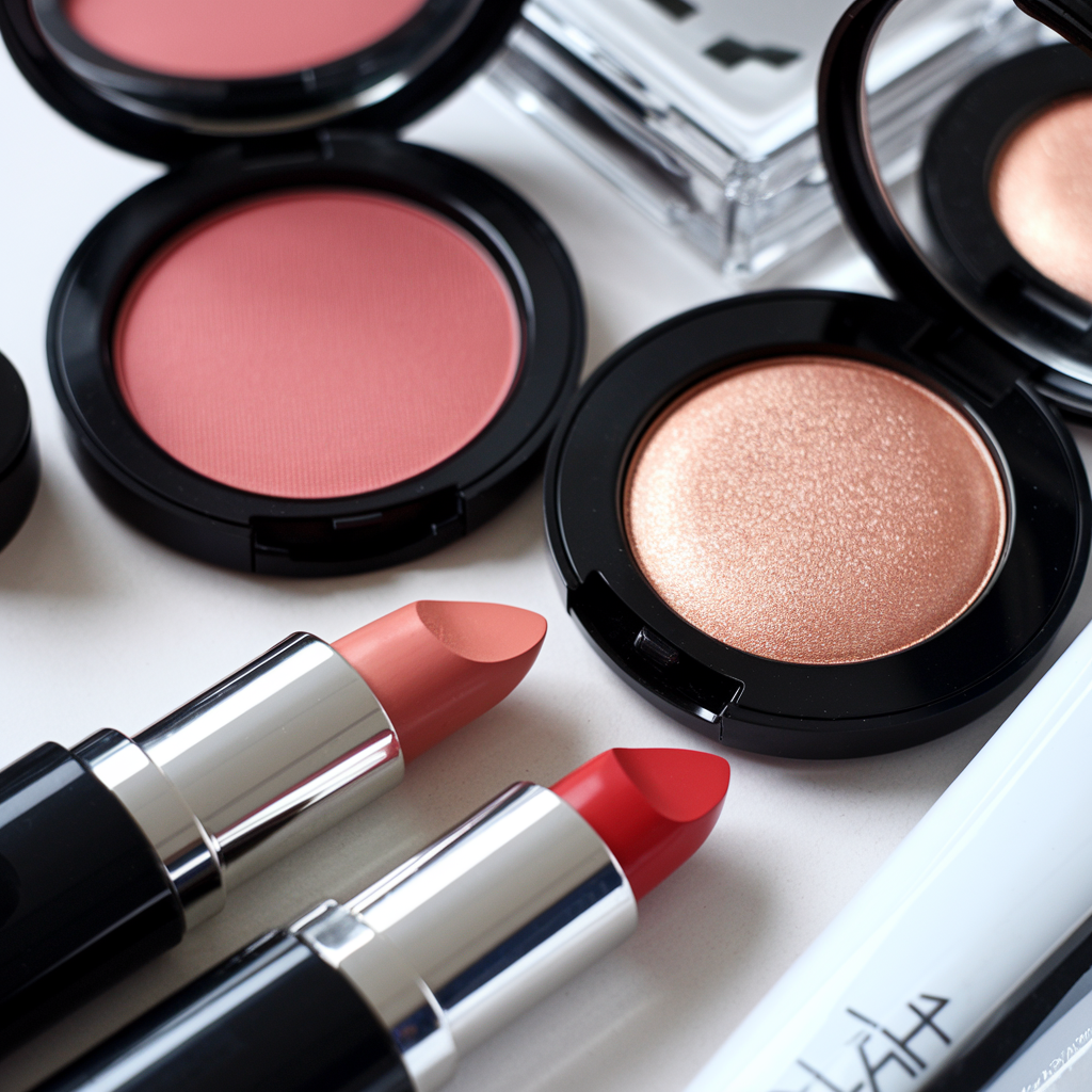 A close-up of makeup products, showcasing two lipsticks in coral and red shades, along with blush and highlighter compacts. The makeup is neatly arranged, highlighting the colors and textures in a chic and minimalistic style.