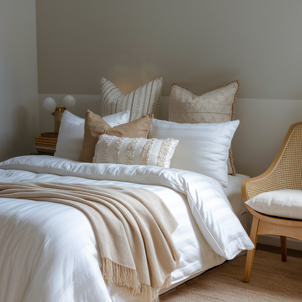 A cozy bedroom scene with a neatly made bed featuring layered pillows and a soft beige throw blanket. The light and neutral color palette, along with a woven chair, gives a warm and inviting atmosphere.