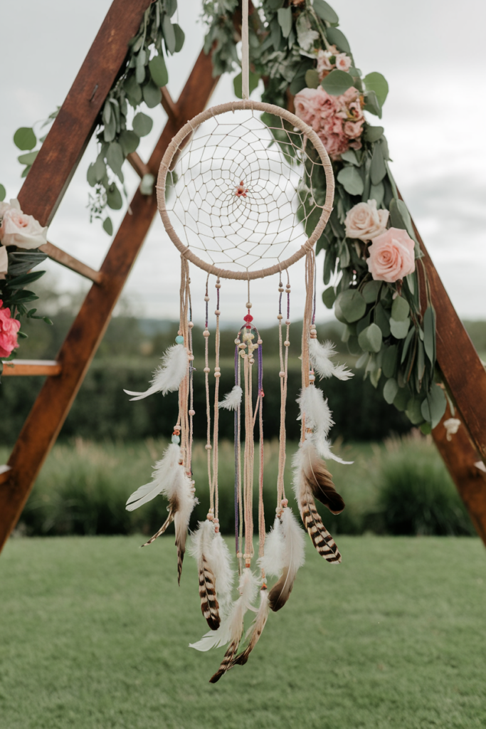 Boho-inspired wedding dreamcatcher decoration adorned with feathers and beads, hanging from a rustic floral arch with roses and greenery, set against an outdoor backdrop.