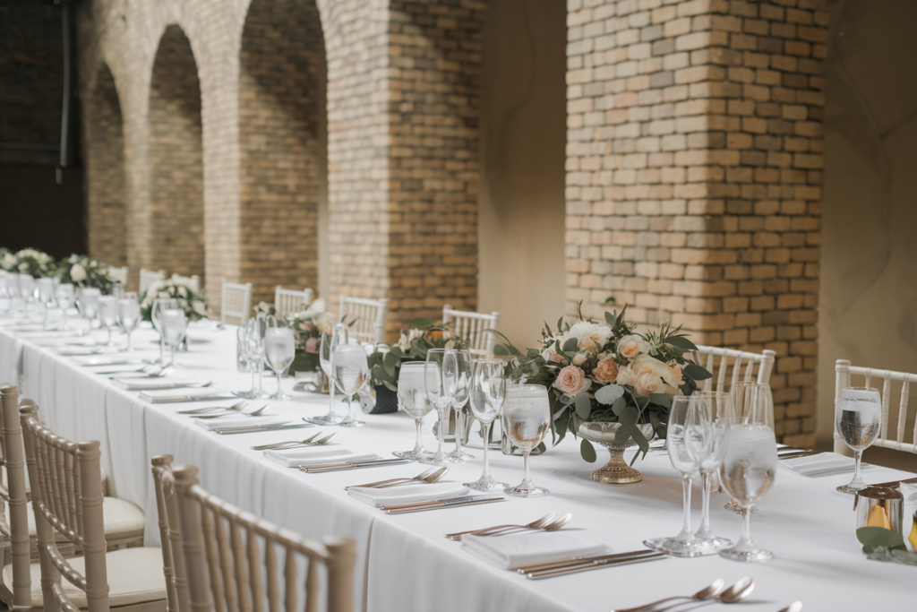 A long, elegantly set wedding reception table adorned with floral centerpieces in soft pastel tones. The table is lined with crystal glassware, silver cutlery, and white table linens, all set against the backdrop of a brick archway, creating a sophisticated and timeless atmosphere.