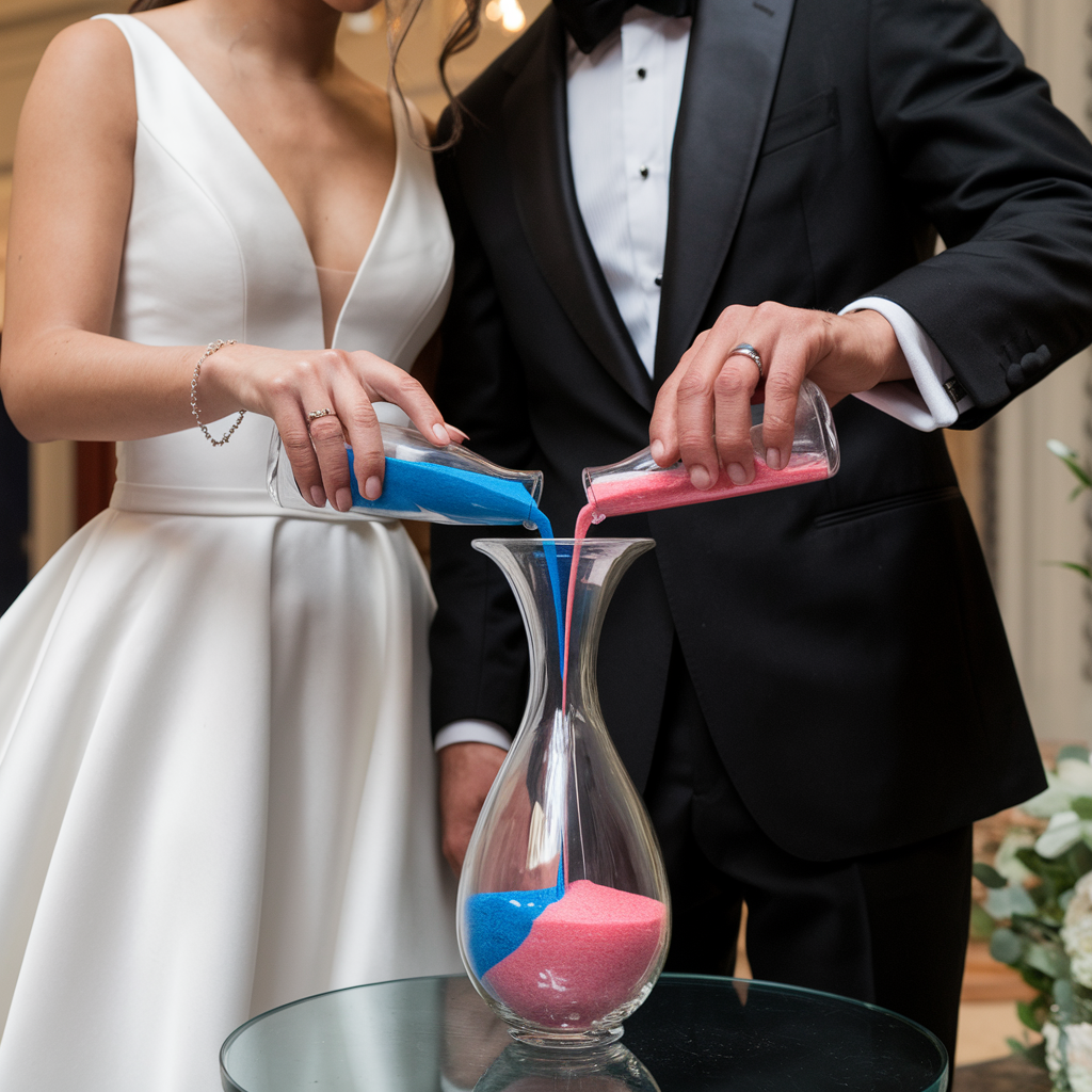 A moment in a wedding ceremony where a bride and groom are pouring different colored sand into a vase.