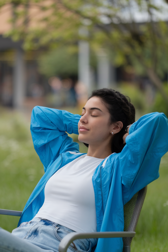 A young woman with dark hair is sitting outdoors, dressed in a blue jacket and white top. She is leaning back with her eyes closed, enjoying a moment of relaxation in a serene, natural environment.