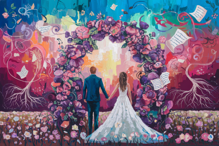 Colorful abstract painting of a couple standing beneath a flower arch, symbolizing love and marriage with vibrant imagery.