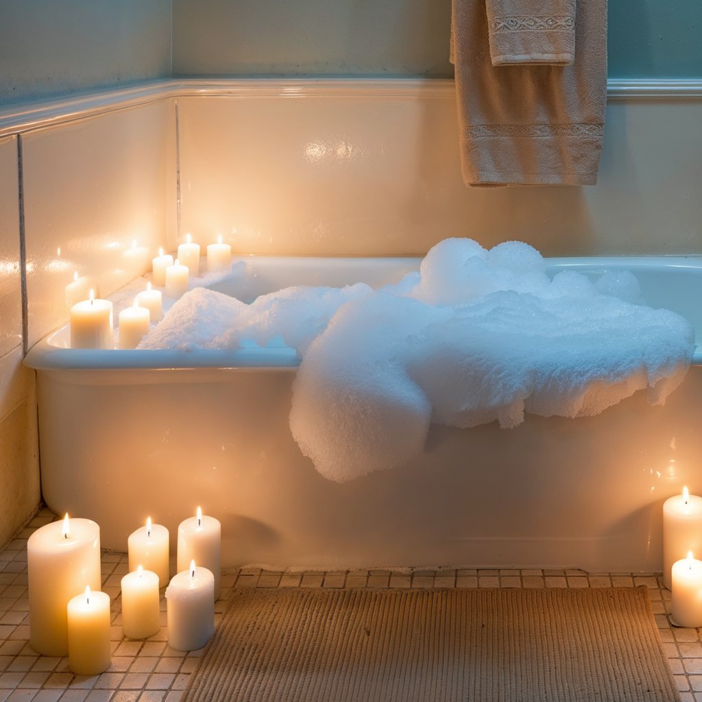 A bathtub filled with bubble bath and surrounded by numerous lit candles, creating a warm and relaxing ambiance. The glow from the candles enhances the calm atmosphere of the space.