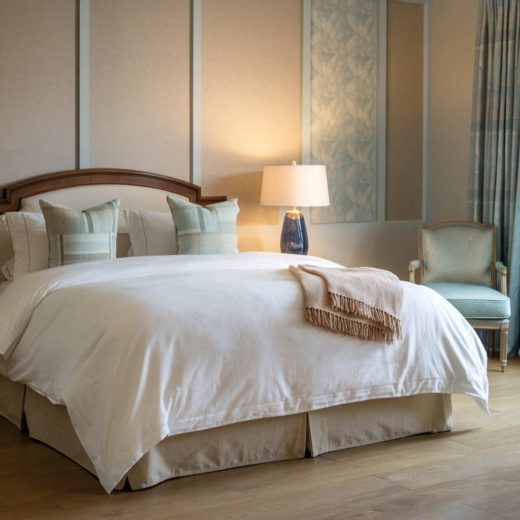 A cozy, elegantly decorated bedroom with a neatly made bed featuring white linens and light blue accent pillows. A soft beige blanket is draped over the foot of the bed, with a blue ceramic lamp and a cushioned armchair in the corner.