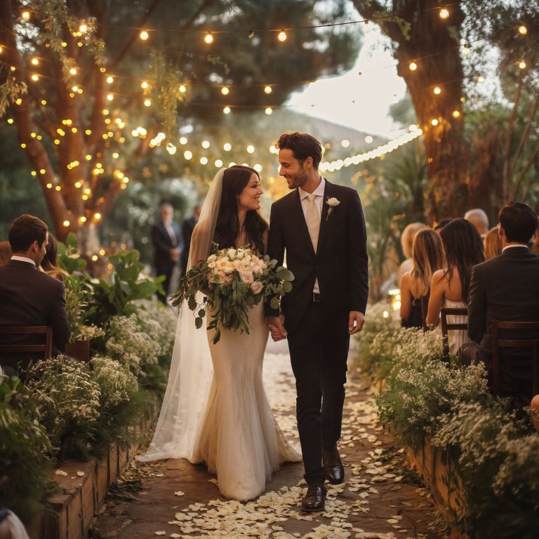 A romantic wedding ceremony under soft string lights, featuring a bride in a white gown holding a lush floral bouquet, walking hand-in-hand with the groom in a dark suit. The couple gazes lovingly at each other, surrounded by greenery, guests, and an aisle lined with petals, creating a dreamy, intimate atmosphere perfect for an outdoor wedding.