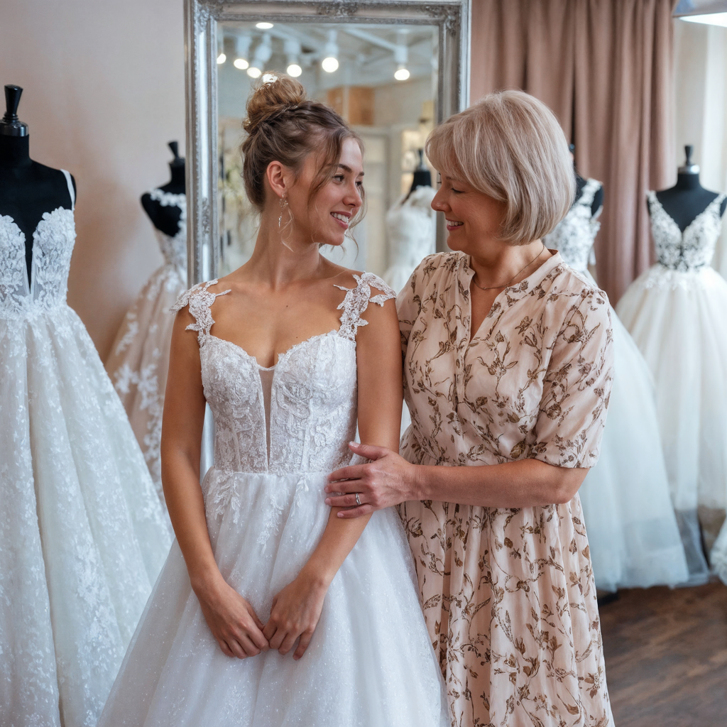 Bride-to-be standing with her mother in a bridal shop, both smiling and embracing as they admire the wedding gown. The shop is filled with elegant white dresses on display, creating a warm and joyful atmosphere